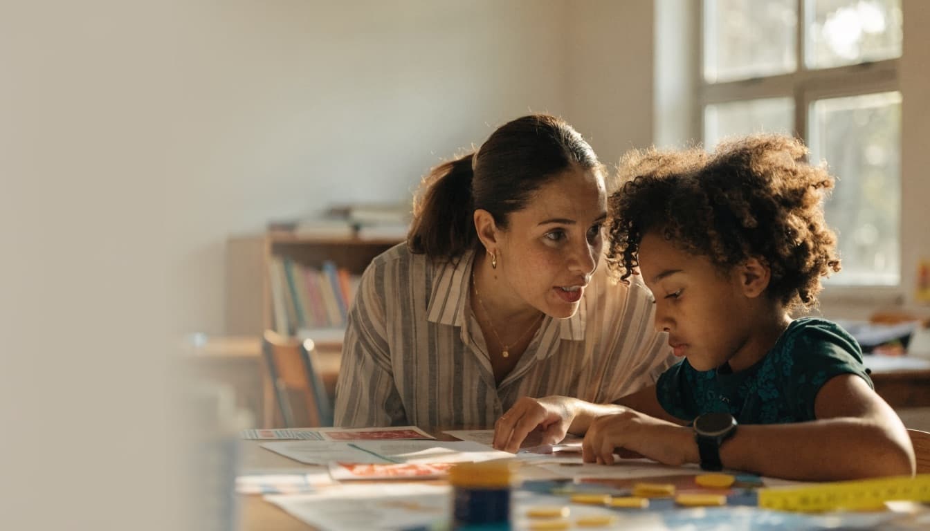 Professora e criança em sala de aula inclusiva