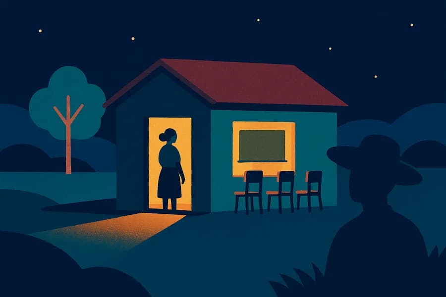 Ilustração de uma pequena sala de aula iluminada à noite no interior, símbolo do começo íntimo da Rhema