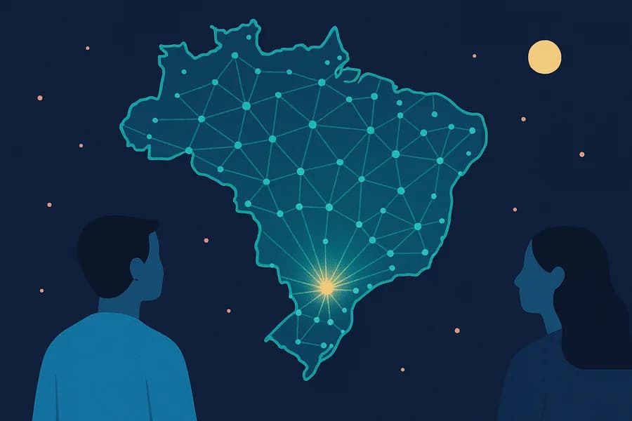 Ilustração do mapa do Brasil como uma rede luminosa de cidades conectadas, a expansão irradiando do Paraná