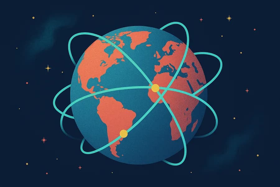 Ilustração de um globo terrestre com arcos de conexão cruzando os continentes, símbolo do alcance internacional da Rhema