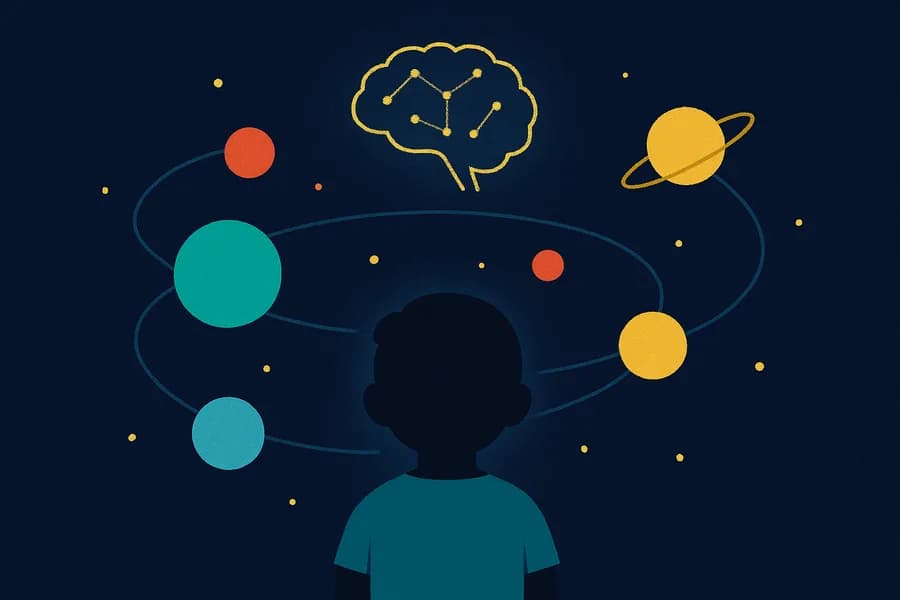 Ilustração de uma criança de costas contemplando um pequeno universo de planetas coloridos com uma constelação em forma de cérebro, símbolo da neuroeducação