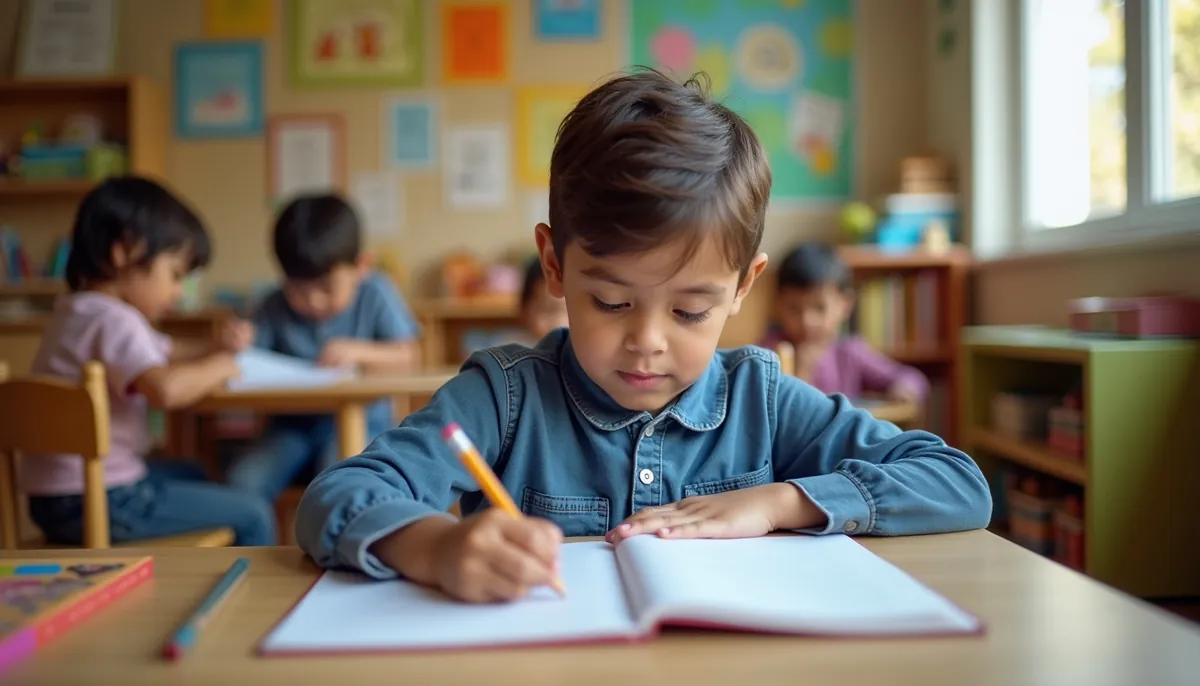 criança em uma sala de aula da educação infantil escrevendo em ambiente escolar